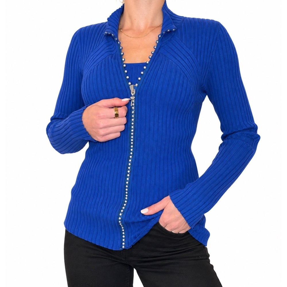 Belldini Cobalt Blue Ribbed Knit Zip Up Cardigan and Tank Top Set Rhinestone